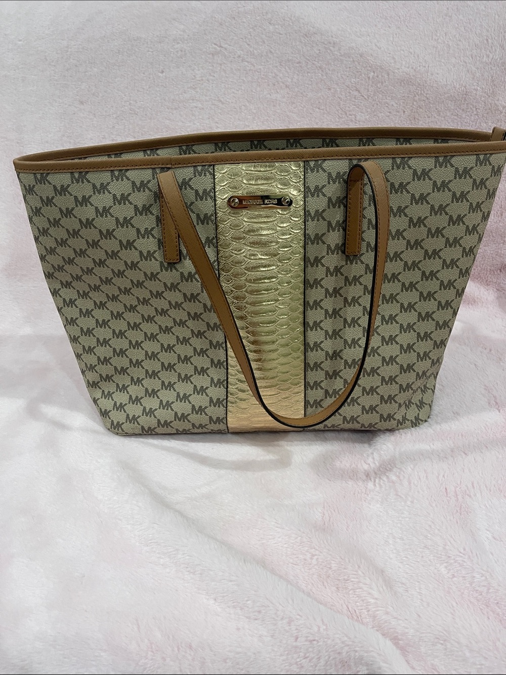 Michael Kors Beige MK Monogram Tote with Gold Center Panel